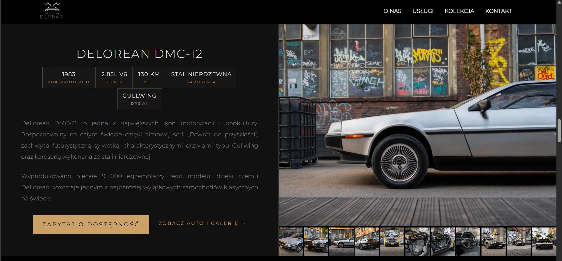 Zrzut ekranu strony głównej derrari.pl z klasycznym samochodem DeLorean